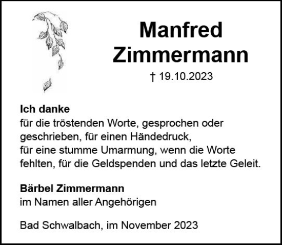 Traueranzeige von Manfred Zimmermann von Wiesbadener Kurier