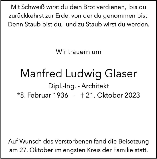 Traueranzeige von Manfred Ludwig Glaser von Wormser Zeitung