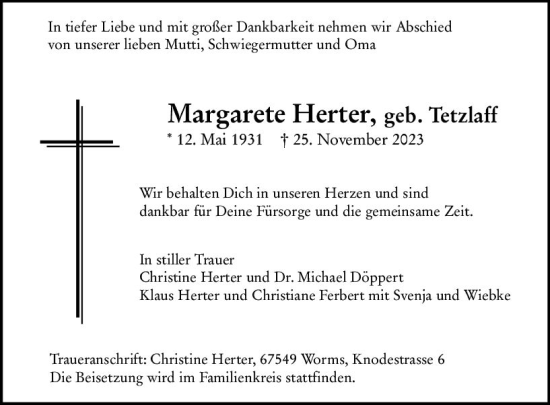 Traueranzeige von Margarete Herter von Wormser Zeitung