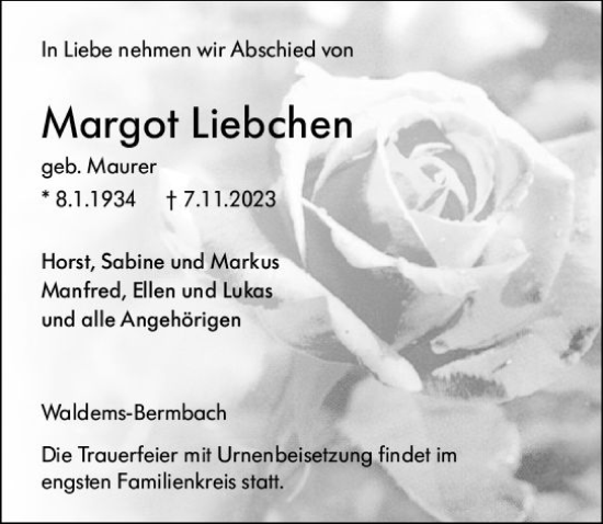 Traueranzeige von Margot Liebchen von Camberger Anzeiger