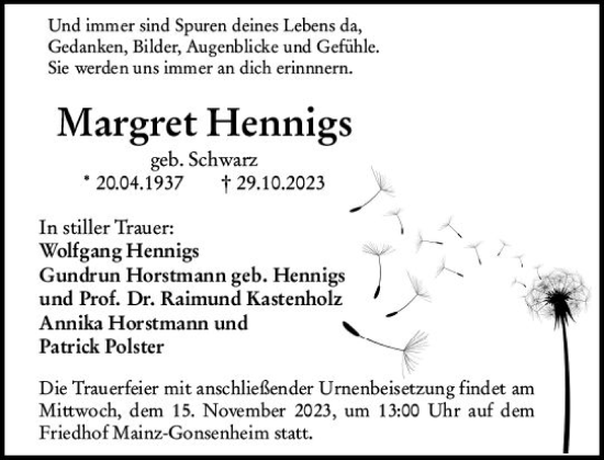 Traueranzeige von Margret Hennigs von Allgemeine Zeitung Mainz