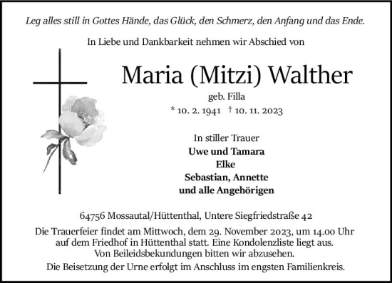 Traueranzeige von Maria  Walther von Odenwälder Echo