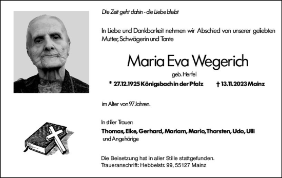 Traueranzeige von Maria Eva Wegerich von Allgemeine Zeitung Mainz