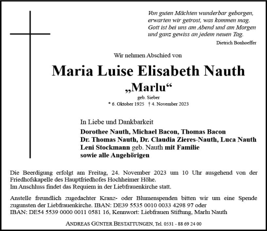 Traueranzeige von Maria Luise Elisabeth Nauth von Wormser Zeitung