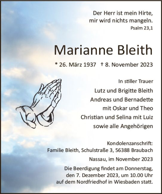 Traueranzeige von Marianne Bleith von Wiesbadener Kurier