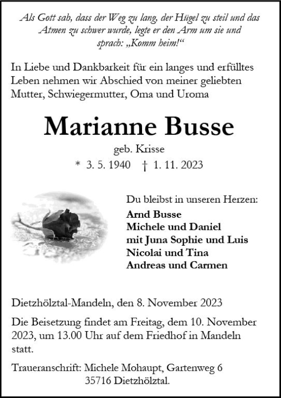Traueranzeige von Marianne Busse von Dill Block
