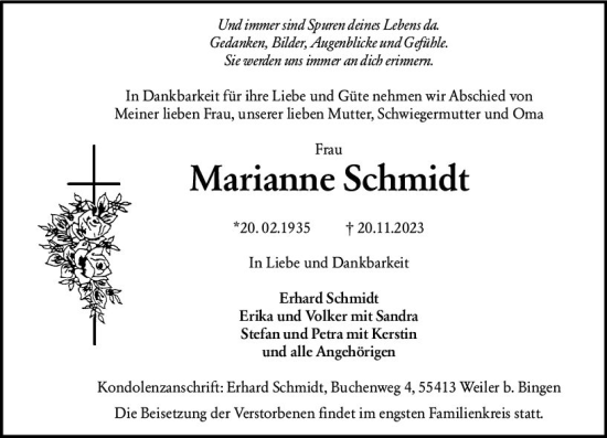 Traueranzeige von Marianne Schmidt von Allgemeine Zeitung Bingen/Ingelheim