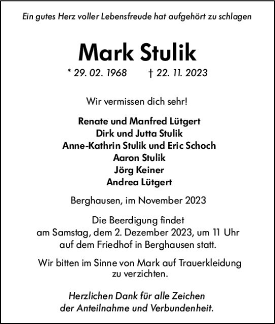 Traueranzeige von Mark Stulik von Wetzlarer Neue Zeitung