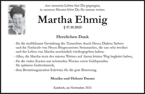 Traueranzeige von Martha Ehmig von Rheingau Kurier