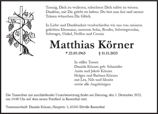 Traueranzeige von Matthias Körner von Wiesbadener Kurier