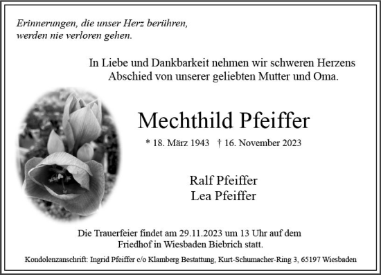 Traueranzeige von Mechthild Pfeiffer von Wiesbadener Kurier