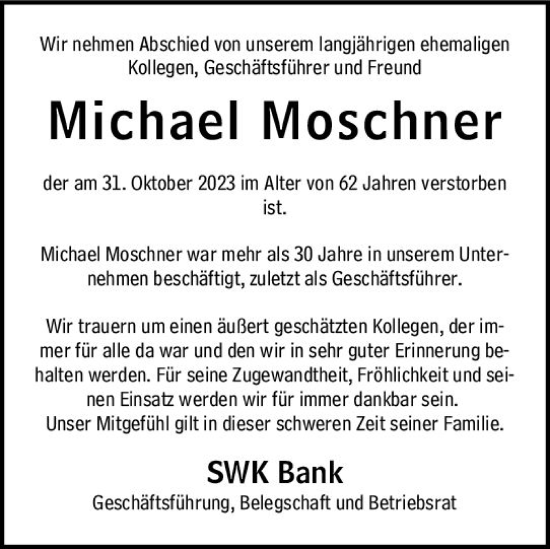Traueranzeige von Michael Moschner von Allgemeine Zeitung Bingen/Ingelheim
