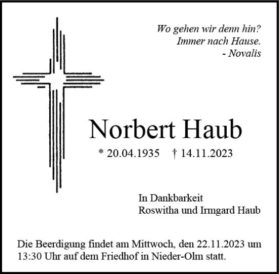 Traueranzeige von Norbert Haub von Allgemeine Zeitung Mainz