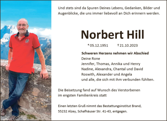 Traueranzeige von Norbert Hill von Allgemeine Zeitung Alzey