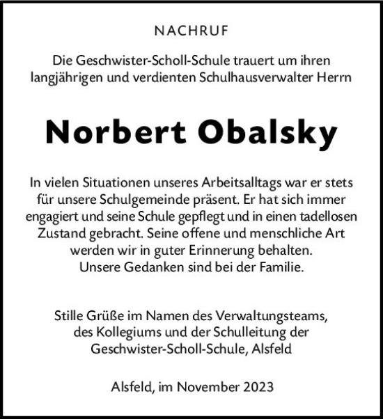 Traueranzeige von Norbert Obalsky von VRM Trauer