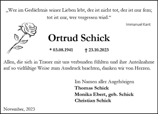 Traueranzeige von Ortrud Schick von Allgemeine Zeitung Alzey