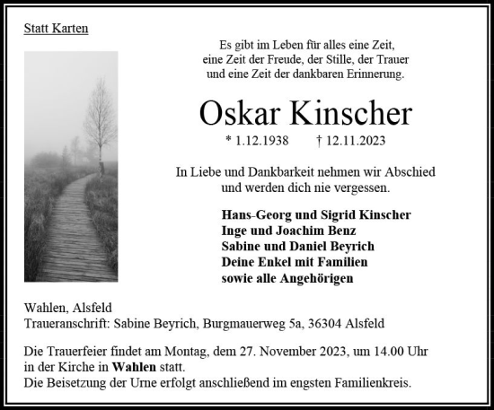 Traueranzeige von Oskar Kinscher von VRM Trauer