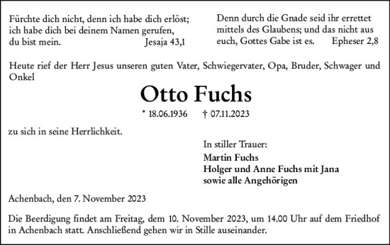 Traueranzeige von Otto Fuchs von Hinterländer Anzeiger
