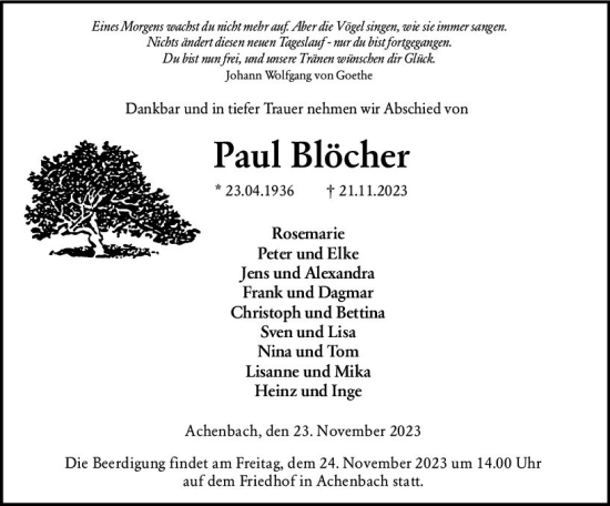 Traueranzeige von Paul Blöcher von Hinterländer Anzeiger