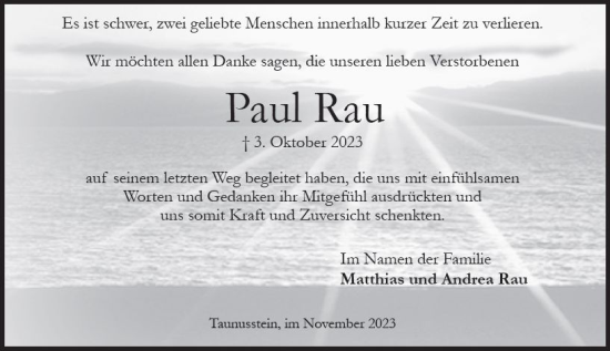 Traueranzeige von Paul Rau von Wiesbadener Kurier