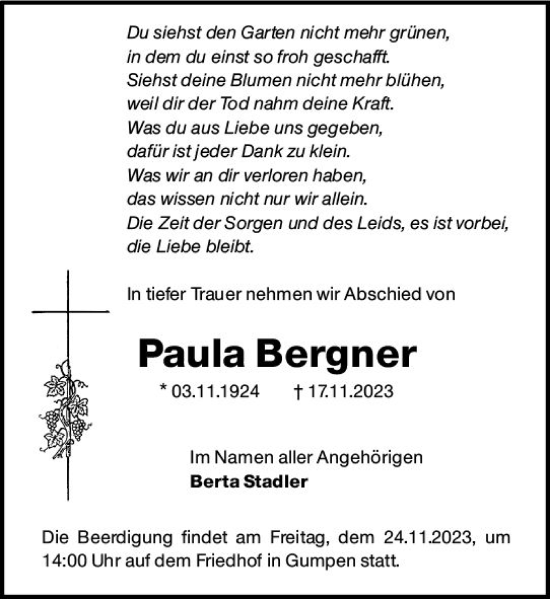 Traueranzeige von Paula Bergner von Odenwälder Echo