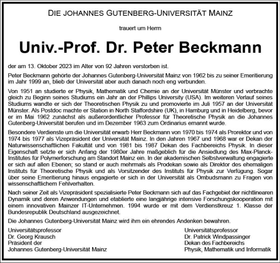 Traueranzeige von Peter Beckmann von Allgemeine Zeitung Mainz