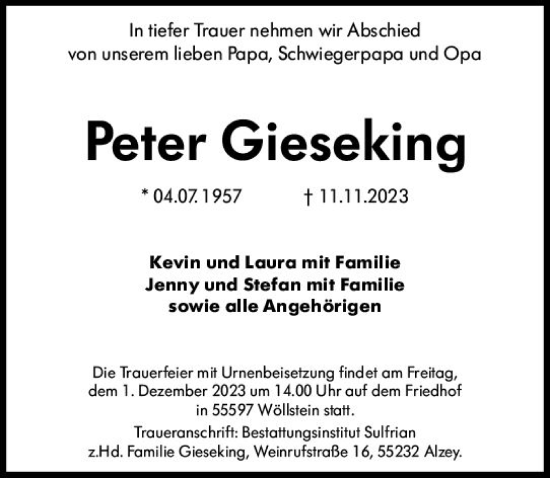 Traueranzeige von Peter Gieseking von Allgemeine Zeitung Mainz