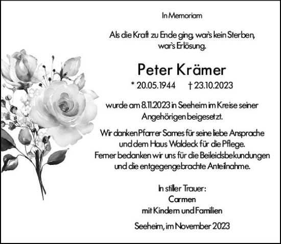 Traueranzeige von Peter Krämer von Darmstädter Echo
