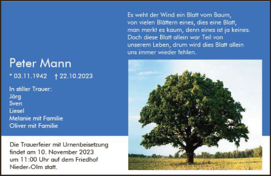 Traueranzeige von Peter Mann von Allgemeine Zeitung Mainz