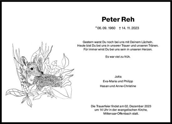 Traueranzeige von Peter Reh von Dill Block