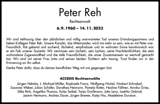 Traueranzeige von Peter Reh von Dill Block