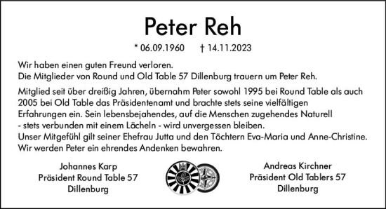Traueranzeige von Peter Reh von Dill Block