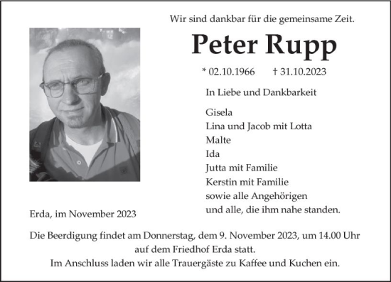 Traueranzeige von Peter Rupp von Dill Block