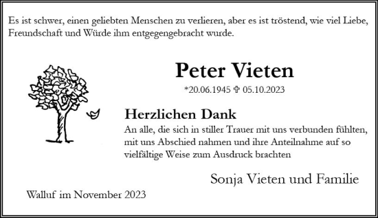 Traueranzeige von Peter Vieten von Wiesbadener Kurier