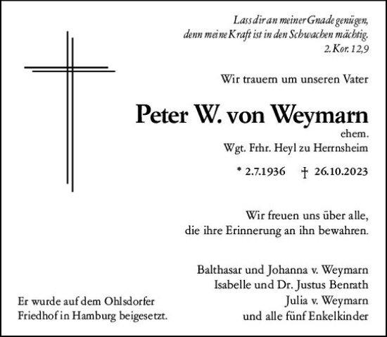 Traueranzeige von Peter von Weymarn von Wormser Zeitung
