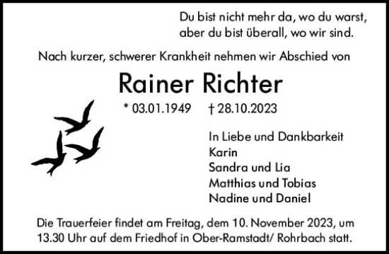 Traueranzeige von Rainer Richter von Darmstädter Echo Traueranzeige von Rainer Richter von Darmstädter Echo