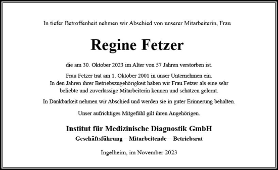 Traueranzeige von Regine Fetzer von Allgemeine Zeitung Mainz