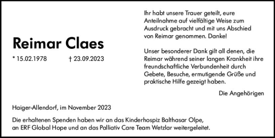 Traueranzeige von Reimar Claes von Dill Block