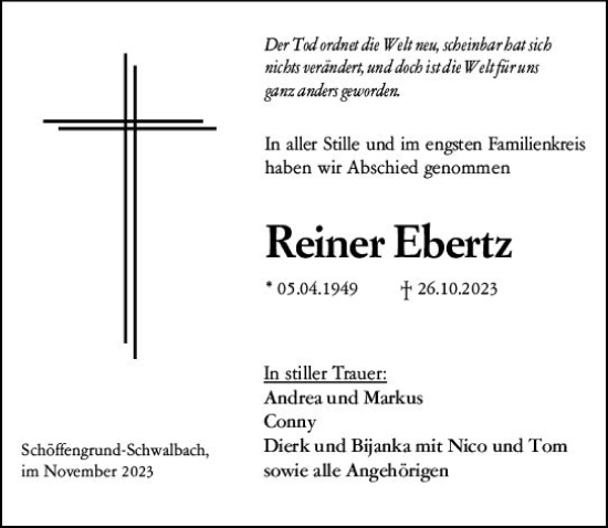 Traueranzeige von Reiner Ebertz von Wetzlarer Neue Zeitung