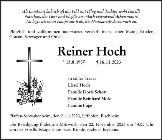 Traueranzeige von Reiner Hoch von Allgemeine Zeitung Bad Kreuznach