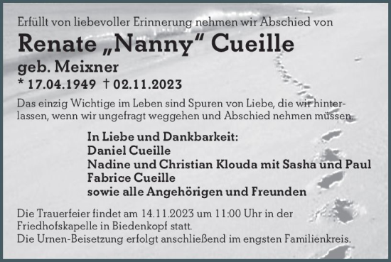 Traueranzeige von Renate  Cueille von Hinterländer Anzeiger