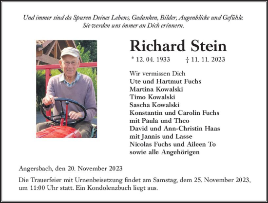 Traueranzeige von Richard Stein von VRM Trauer