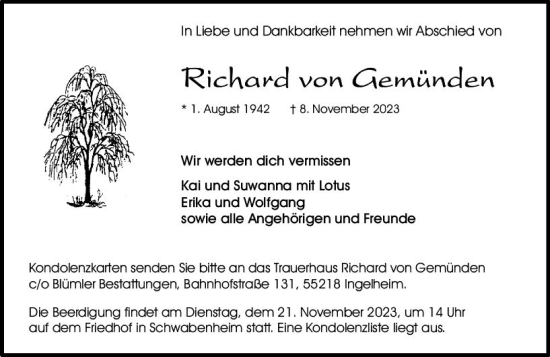 Traueranzeige von Richard von Gemünden von Allgemeine Zeitung Bingen/Ingelheim