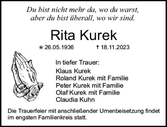 Traueranzeige von Rita Kurek von Allgemeine Zeitung Mainz