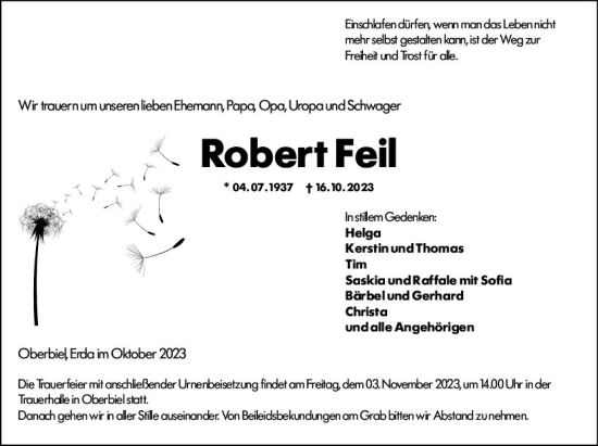 Traueranzeige von Robert Feil von Wetzlarer Neue Zeitung