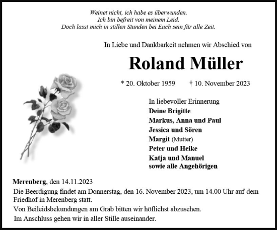 Traueranzeige von Roland Müller von Weilburger Tageblatt Traueranzeige von Roland Müller von Weilburger Tageblatt