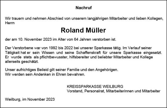 Traueranzeige von Roland Müller von Weilburger Tageblatt Traueranzeige von Roland Müller von Weilburger Tageblatt