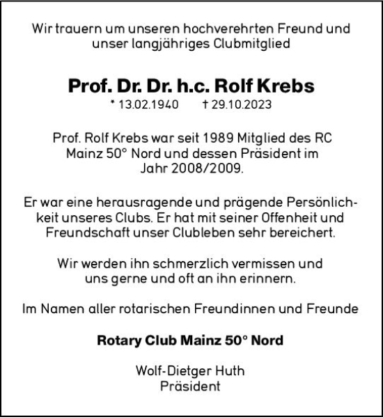 Traueranzeige von Rolf Krebs von Allgemeine Zeitung Mainz
