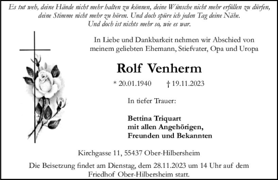 Traueranzeige von Rolf Venherm von Allgemeine Zeitung Bingen/Ingelheim