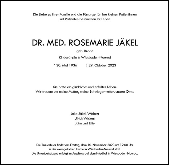 Traueranzeige von Rosemarie Jäkel von Wiesbadener Kurier